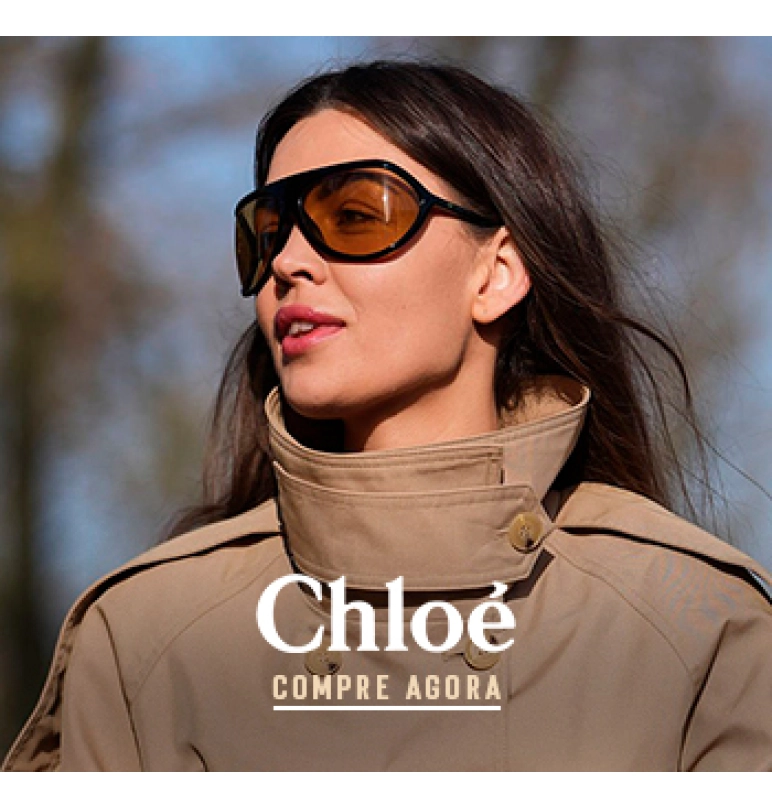 Banner  Banner de uma mulher branca com cabelo preto liso usando óculos de sol da marca Chloé