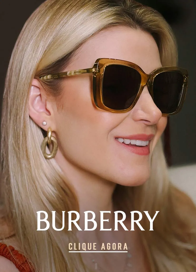 Banner Banner de uma mulher de pele branca com cabelo loiro usando óculos de sol Burberry