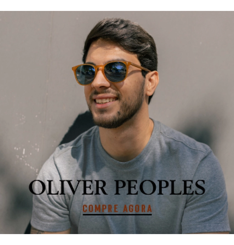 Banner  Banner de um homem branco com cabelo castanho curto usando óculos de sol da marca Oliver people.